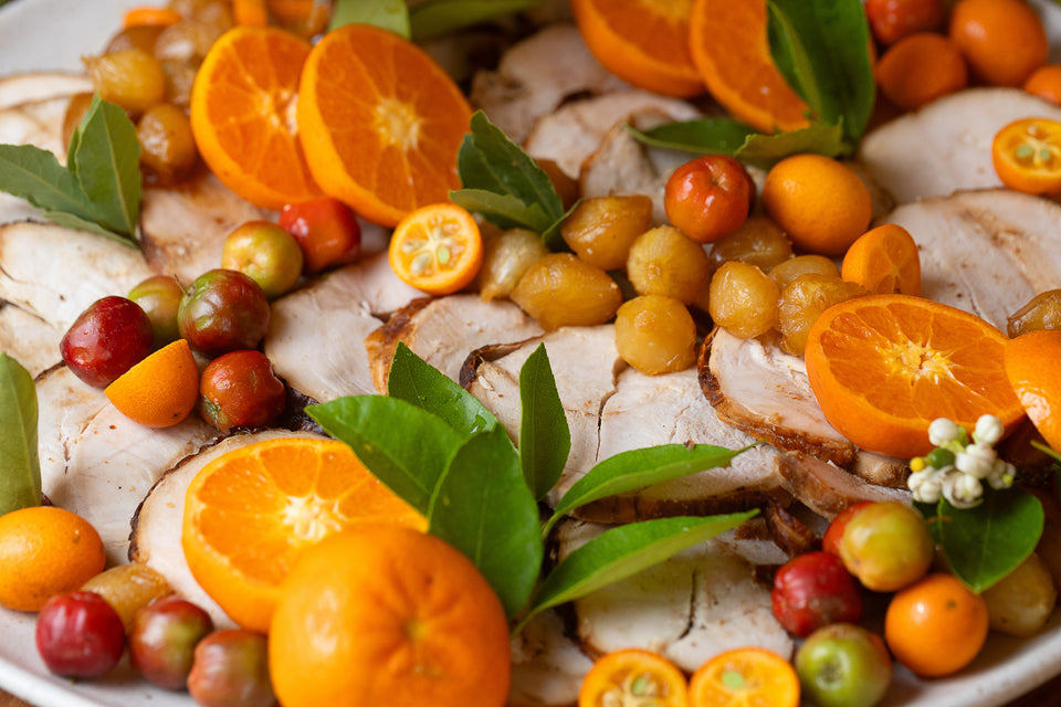 Peru fatiado acompanhado de cebolas caramelizadas, frutas cítricas e seu próprio molho