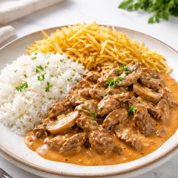 Strogonoff de filé mignon com arroz branco e batata palha da casa