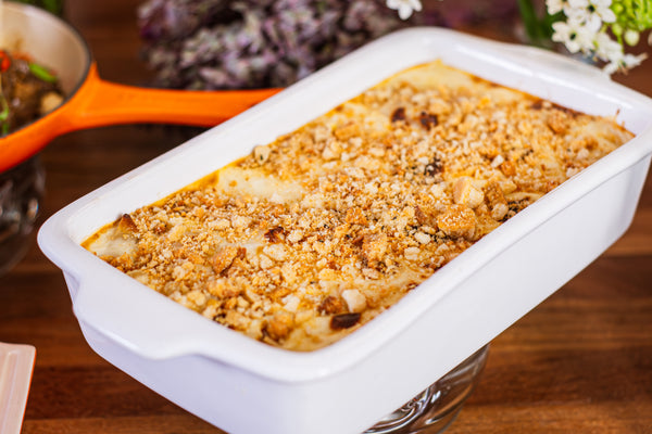 Bacalhau com creme e farofinha de focaccia