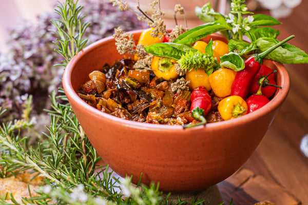 Caponata de berinjela com Focaccia de alecrim