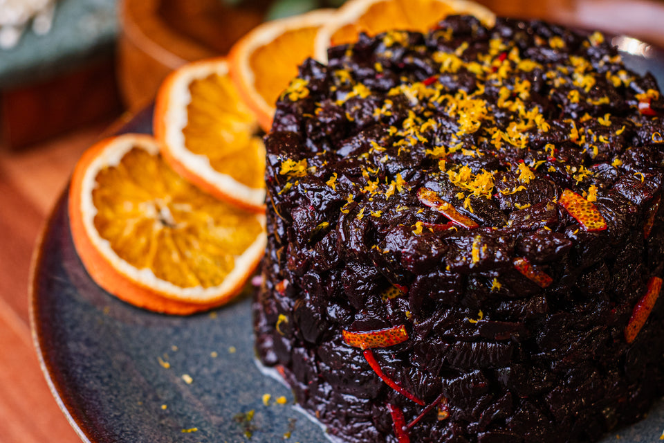 Caponata de beterraba com pele de laranja