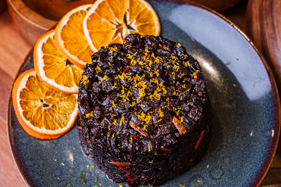 Caponata de beterraba com pele de laranja