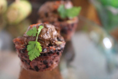 Cake de arroz negro com cogumelos e pasta de berinjela defumada.